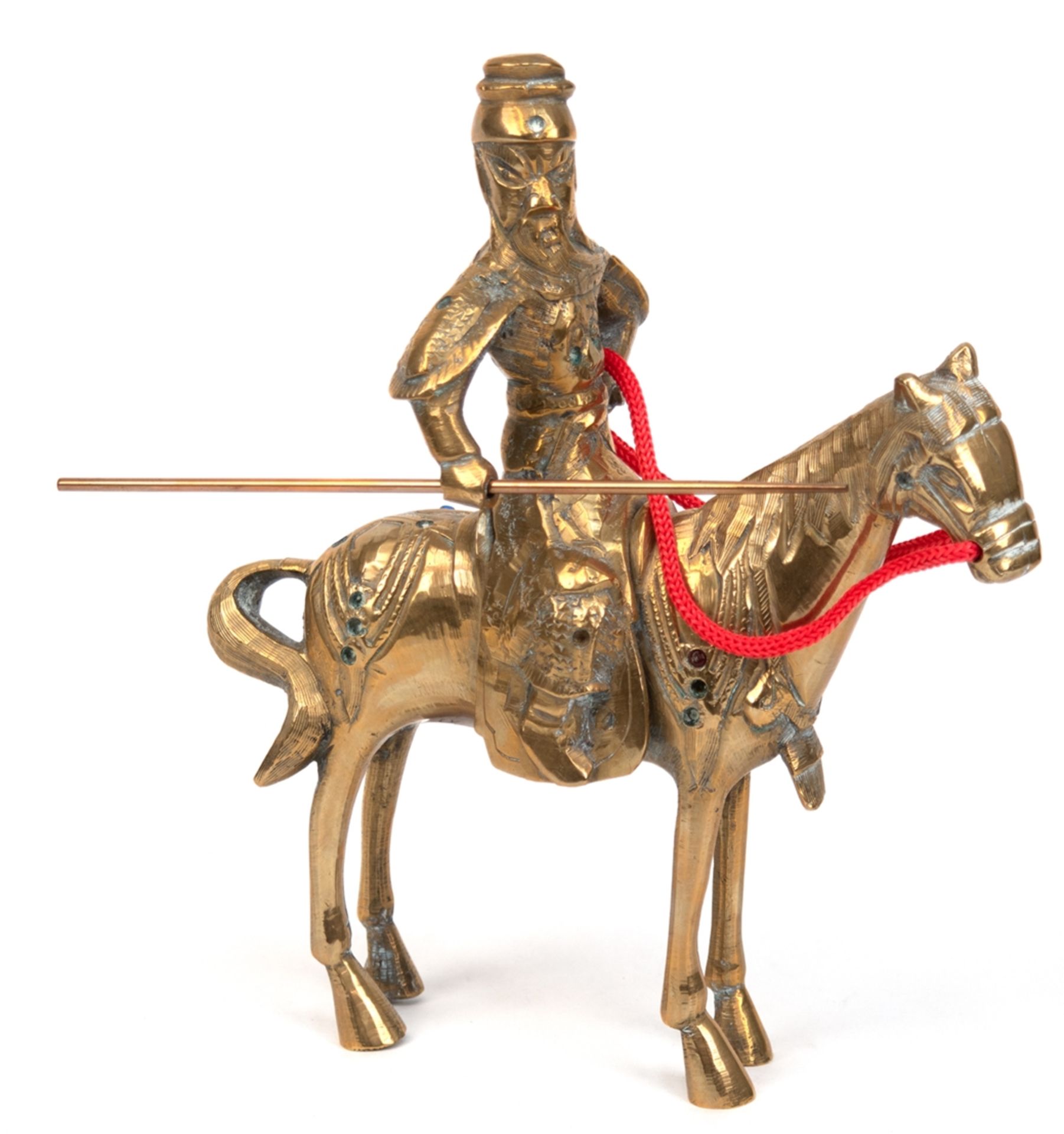 Messing-Figur "Samurai-Krieger in Rüstung auf Pferd sitzend", 20. Jh., H. 22 cm