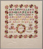 Stickmustertuch von Alice Deguy, dat. 1876, ABC und florale Motive im Kreuzstich, ca. 42x39 cm, hin