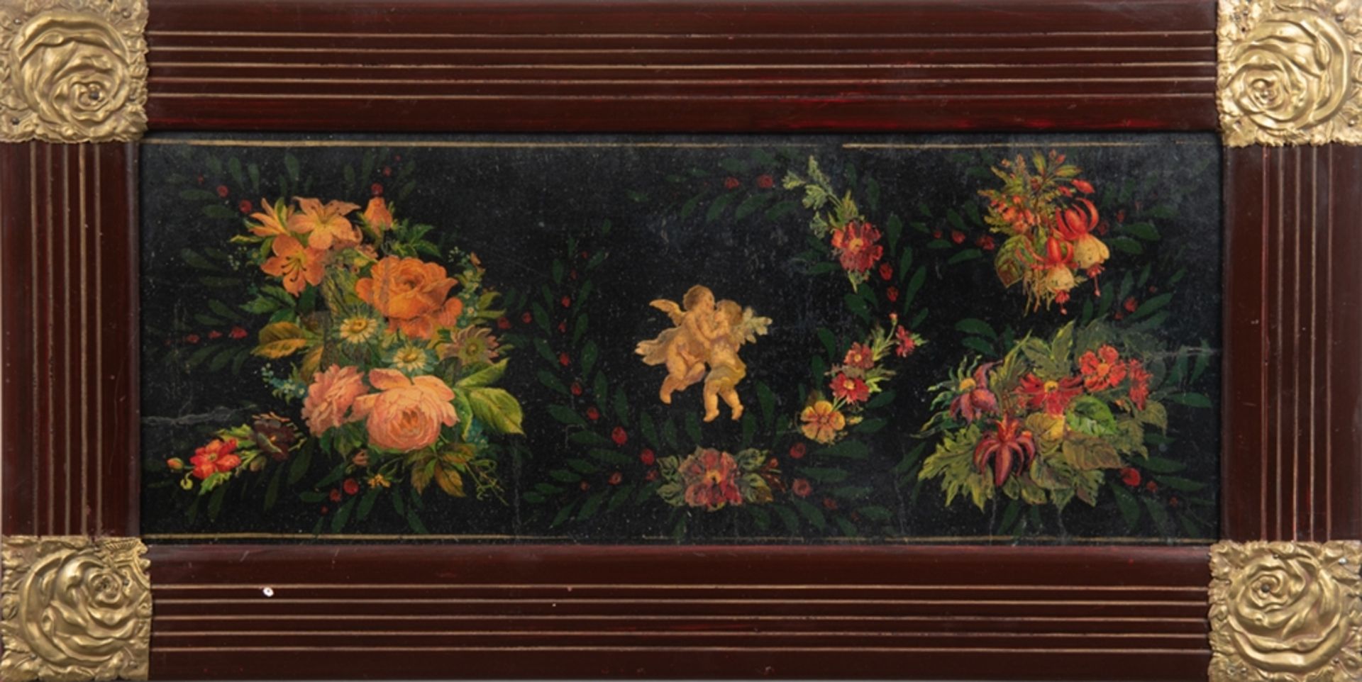 "Engel mit Blumen", Öl/ Mp.,um 1860 aus einer alten Spinn- und Bügelstube in Norddeutschland, 20x52