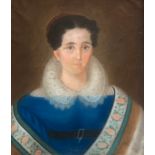 "Biedermeier-Damenporträt", Pastell, im oberen Bereich gerissen, fleckig, 58x50 cm, hinter Glas und