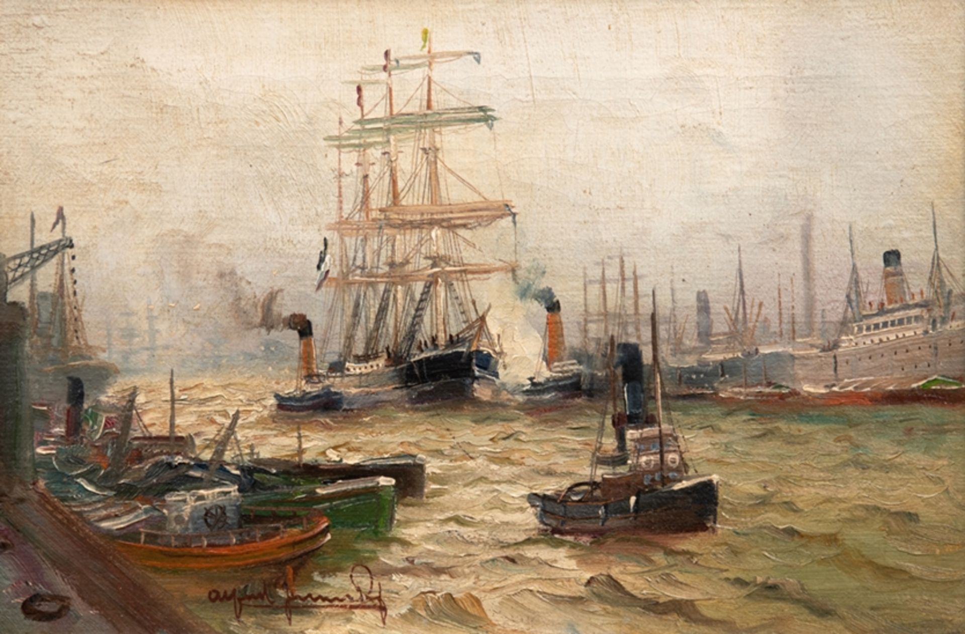 Jensen, Alfred Prof. (1859 Randers- 1935 Hamburg) "Dreimaster und Schlepper im Hamburger Hafen", Ö