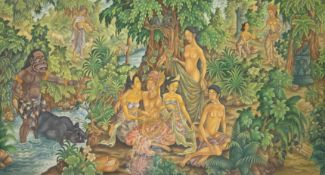 Künstler 20. Jh. (Bali) "Figürliche Darstellung", Malerei/Lw., bez. u.l., 79x150 cm, ohne Rahmen