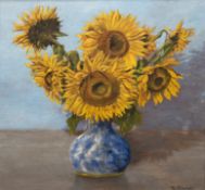 Bianchi, W. (Italienischer Künstler des 20. Jh.) "Sonnenblumen in Keramikvase", Öl/ Holzpanel, sign