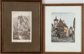 2 Lithographien "Burg Eltz", bez. u.l. und sign. u.r., 19x13 cm, im Passepartout hinter Glas und Ra