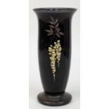 Art-Deco-Vase, Schwarzglas mit floraler Silber- und Emailmalerei, H. 22 cm