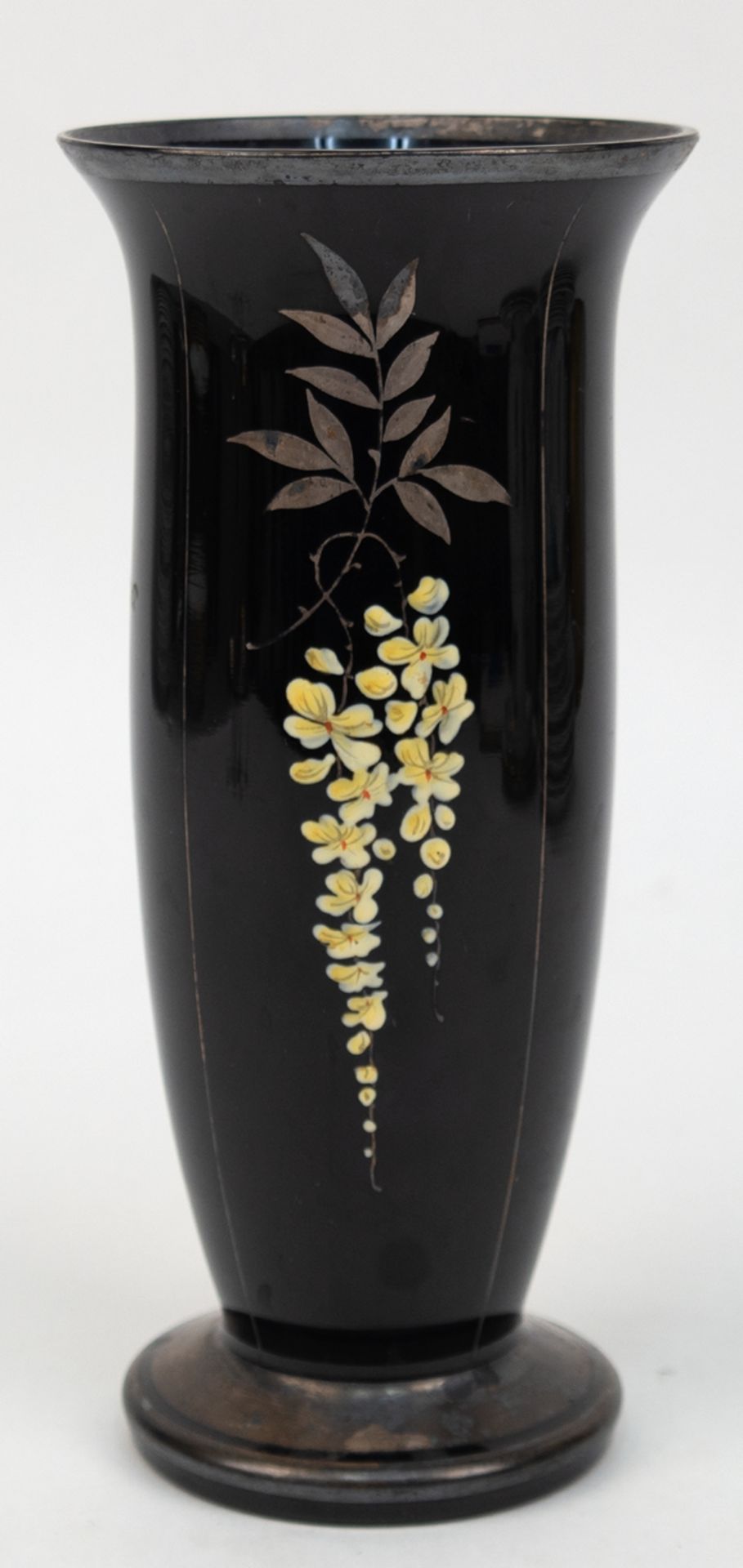 Art-Deco-Vase, Schwarzglas mit floraler Silber- und Emailmalerei, H. 22 cm