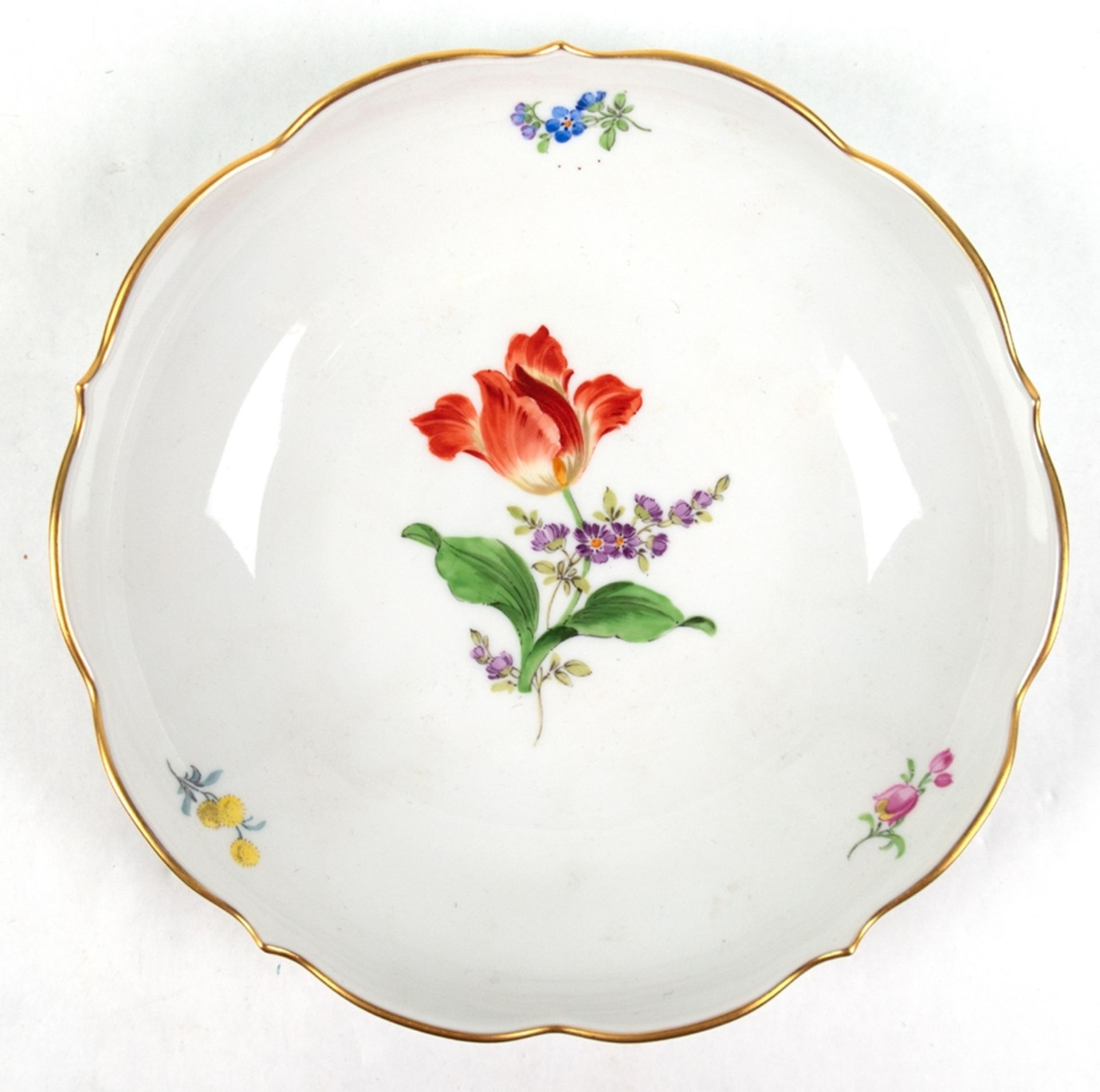 Meissen-Schale, rund, Bunte Blume 2 mit Goldrand, 1. Wahl, Dm. 18 cm