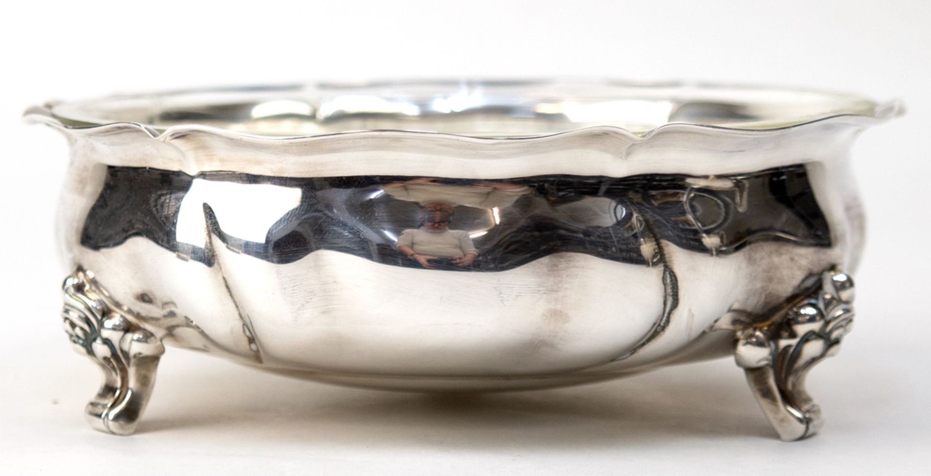 Schale, rund, 925er Silber mit Glaseinsatz, auf 3 Füßen, geschweift gerippte Wandung, 169 g (ohne G