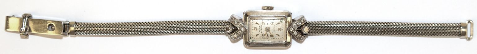 Art-Deco-Damenuhr, 585er WG, besetzt mit 16 Diamanten, Handaufzug, rechteckiges Uhrengehäuse, 1,4x1
