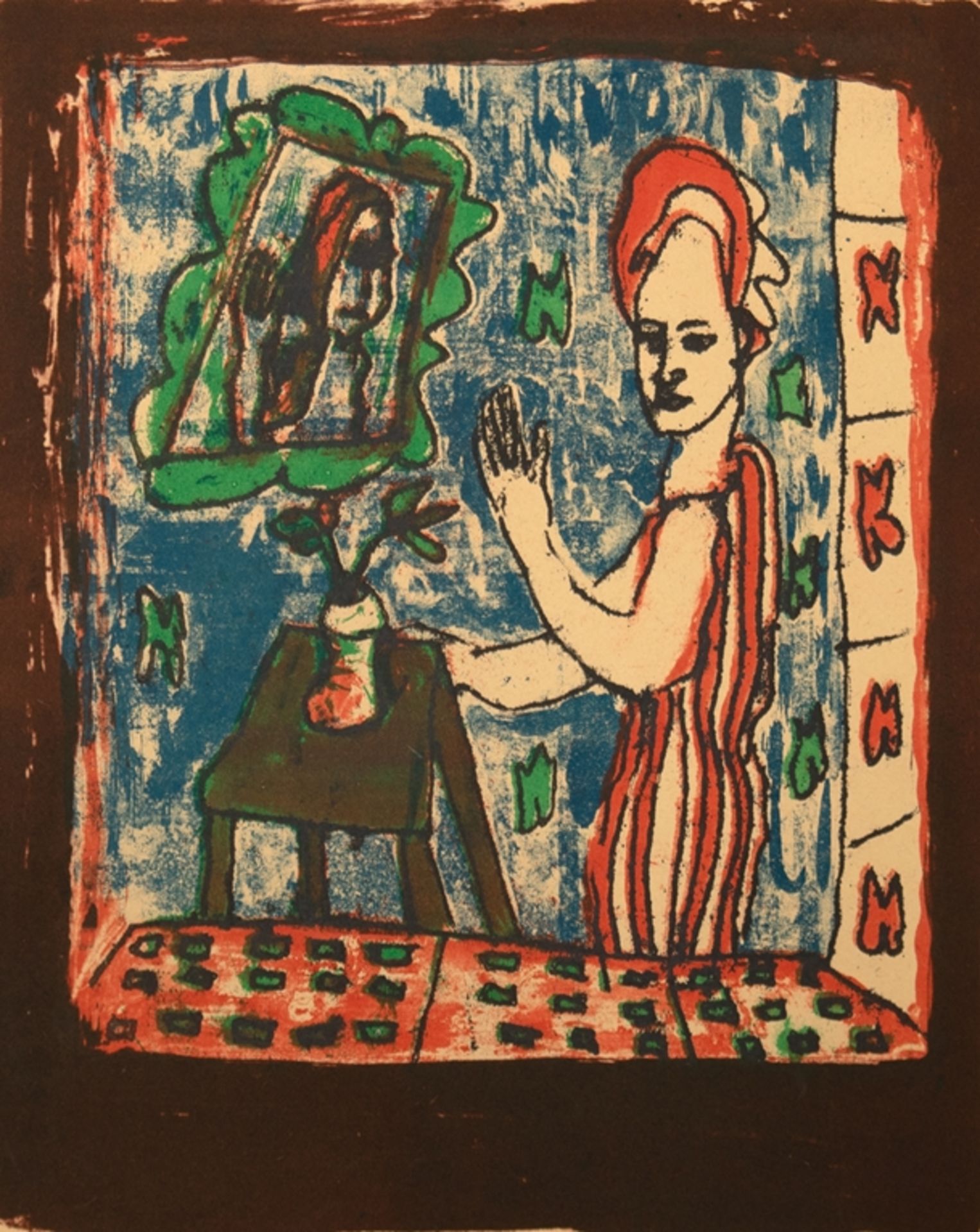 Lemke, Rudolf (1906 Gollnow-1957 Jena) "Frau am Tisch", Grafik, unsign., rückseitig Nachlaßstempel,