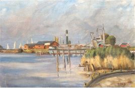 Landschaftsmaler des 20. Jh. "Hafenansicht", Öl/Lw., unleserlich signiert  u.r., 43x65 cm, ungerahm