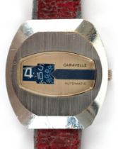 Herren-Armbanduhr "Caravelle", 1970er Jahre, Stahlgehäuse und Lederarmband, gangfähig, Gebrauchspur