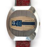 Herren-Armbanduhr "Caravelle", 1970er Jahre, Stahlgehäuse und Lederarmband, gangfähig, Gebrauchspur
