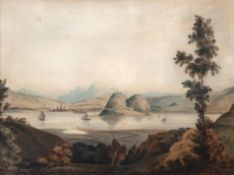 Landschaftsmaler 19. Jh. "Bergsee mit Segelbooten", Aquarell, unsign., 30x37 cm, hinter Glas und Ra