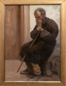 Russischer Porträtmaler "Alter Herr auf einer Bank sitzend und sich auf einen Stock stützend", Öl/L
