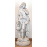 Gartenfigur "Junge Frau mit Krug", auf rundem Sockel, Steinguß,  Gebrauchspuren, H. 70 cm, Dm. 20 c