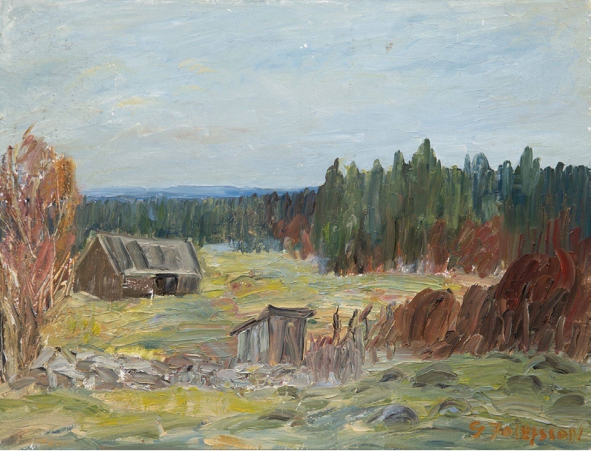 Dänischer Maler 20 Jh. "Waldhütte", Öl/ Lw., undeutl. sign. u.r., Farbverluste am linken Rand  und 