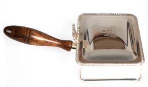 Aschenbecher mit Scharnierdeckel, versilbert, gedrechselte Holzhandhabe, Gefäß 3,5x11x6,5 cm, Griff