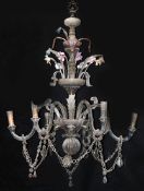 Deckenlampe, Murano, 6-armig, farbloses Glas mit farbigen, floralen Glaselementen, unvollständig un