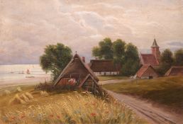 "Boddenlandschaft mit Bauernhäuser und Kirche", Öl/ Platte, monogr. "D.M." u.l., 50x70 cm, Rahmen