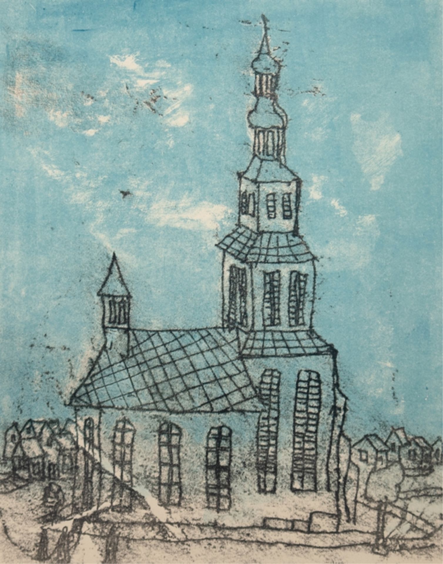 Lemke, Rudolf (1906 Gollnow-1957 Jena) "Kirchenansicht", Grafik, unsign., rückseitig Nachlaßstempel