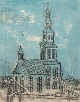 Lemke, Rudolf (1906 Gollnow-1957 Jena) "Kirchenansicht", Grafik, unsign., rückseitig Nachlaßstempel