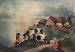 Alifo (Alice Brasse Forstmann 1903-1990) "Russisches Dorf mit Kühen an der Tränke", Aquarell, sign.