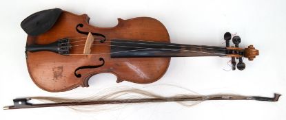 Violine mit Bogen, Kinnhalter, 4/4 Geige, Seiten am Bogen an einer Seite lose, Gebrauchspuren, Viol