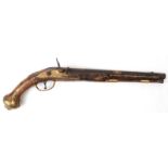 Steinschloßpistole, 18. Jh., nicht funktionstüchtig, Schloß defekt, starke Gebrauchspuren, L. 53 cm