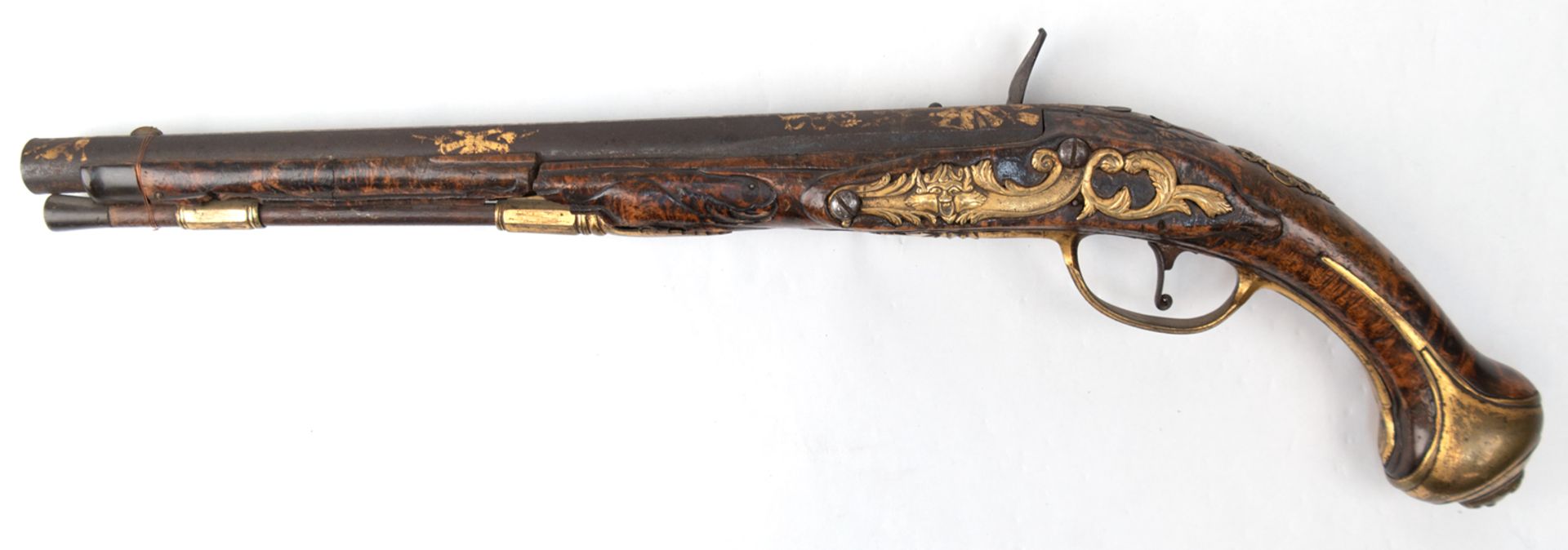 Steinschloßpistole, 18. Jh., nicht funktionstüchtig, Schloß defekt, starke Gebrauchspuren, L. 53 cm - Image 2 of 2