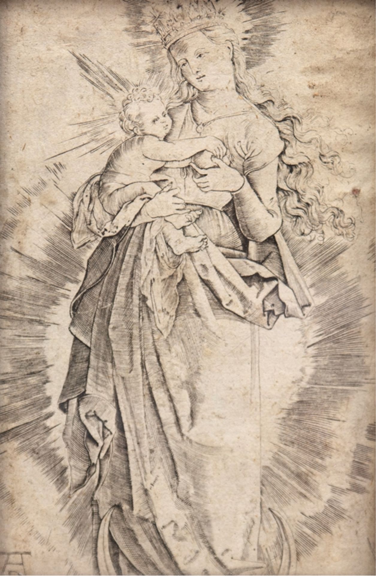 Dürer, Albrecht (1471 Nürnberg-1528 ebenda) "Maria mit der Sternenkrone", Stich, in der Platte mono