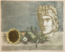 Pudlich, Robert (1905 Dortmund-1962 Düsseldorf) "Antiker Kopf und Sonnenblume", Farblitho., mit Ble