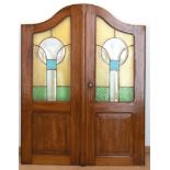 2 Jugendstil-Holztüren mit Bleiverglasung, Mahagoni, 98x78 cm