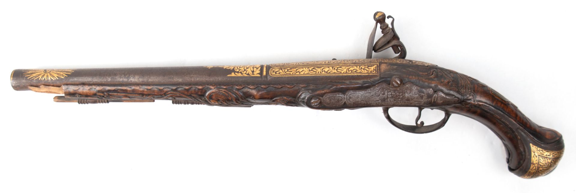 Steinschloßpistole, 18. Jh., nicht funktionstüchtig, Schloß defekt, starke Gebrauchspuren, L. 49 cm - Image 2 of 2