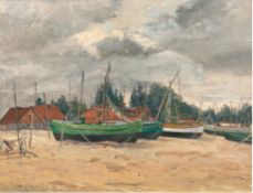 Kühnen, Th. "Fischerboote am Strand bei Brösen", Öl/Lw./Pappe, rückseitig bez.,  39x45 cm, Rahmen