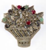 Brosche in Form eines Blumenkörbchens, 925er Silber, Smaragde, Saphire, Rubine, Markasit, ges. 14,1