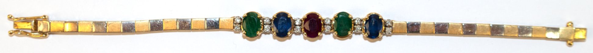 Bicolor-Armband, 750er GG/WG, Schauseite besetzt mit 2 Smaragden, 2 Saphiren, 1 Rubin und Brillante