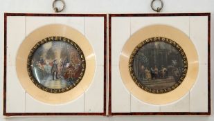 2 Miniaturen, mit querovalen höfischen Szenen, Gouache, 1x signiert, hinter Glas im beinfarbenem Ra
