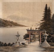 Japanisches Seidenbild "Landschaft am See", um 1900, unsign., gebräunt, 58x60 cm, Rahmen