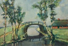 Mügge, Berthold (1896 Worpswede-1970 Ritterhude) "Kanalbrücke", Öl/ Karton. sign. u.r., Farbabplatz