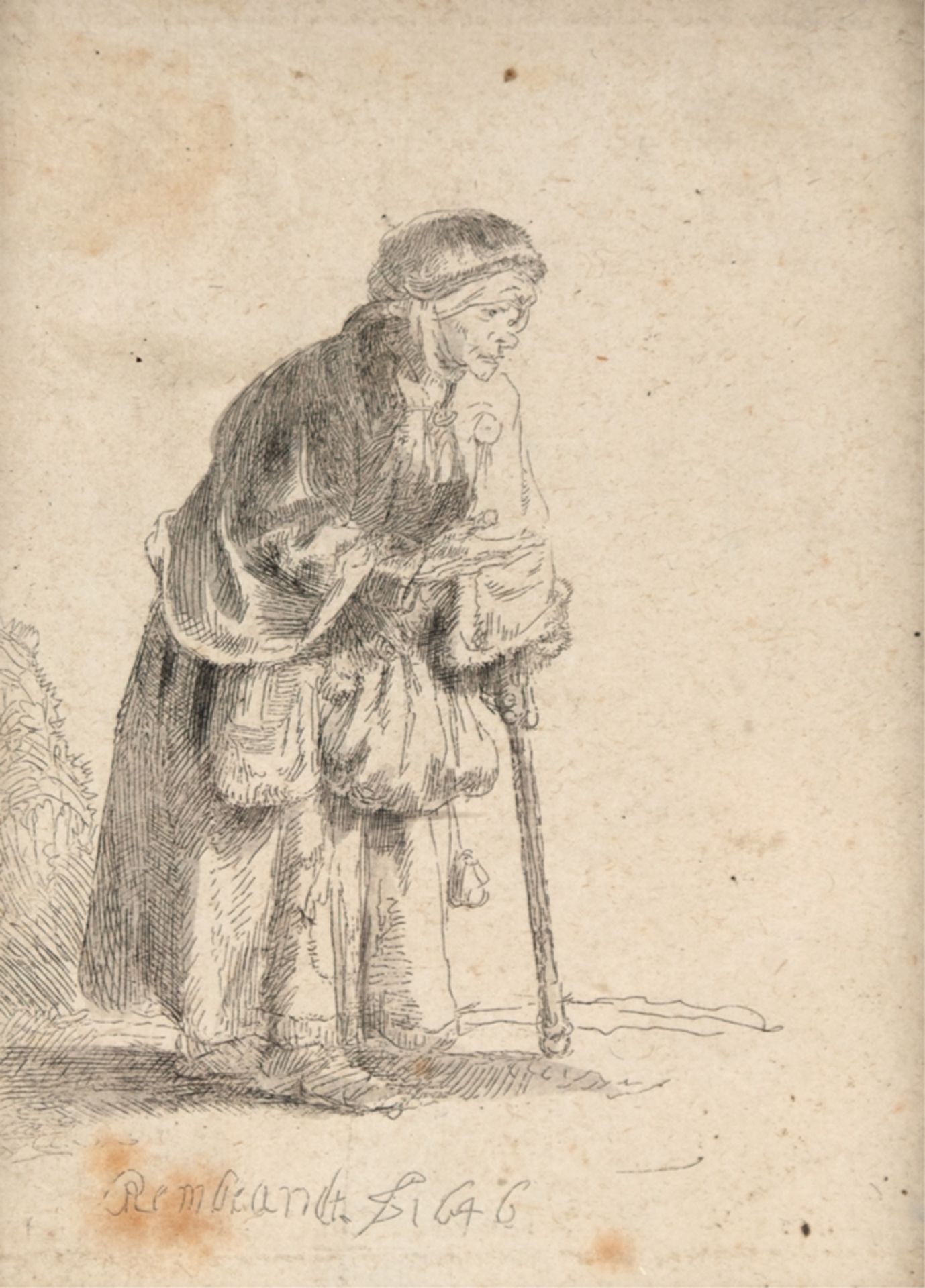 Rembrandt van Rijn (1606 Leiden-1669 Amsterdam) "Bettlerin auf einen Stock gestützt", Radierung, in