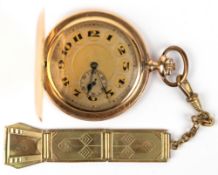 Taschenuhr, 3 Deckel 585er GG, Handaufzug, goldfarbenes Zifferblatt mit arabischen Zahlen und dezen