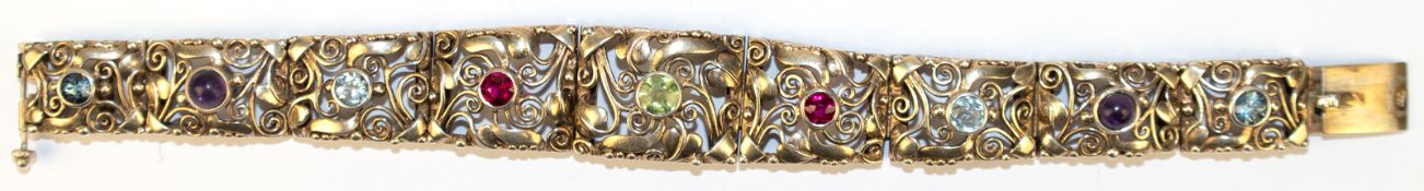Armband, 835er Silber vergoldet, durchbrochen gearbeitete Glieder im Verlauf besetzt mit 9 diversen