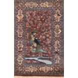 Teppich, Kaschmir, figürlich mit Darstellung eines Paares, rotgrundig, 140x70 cm