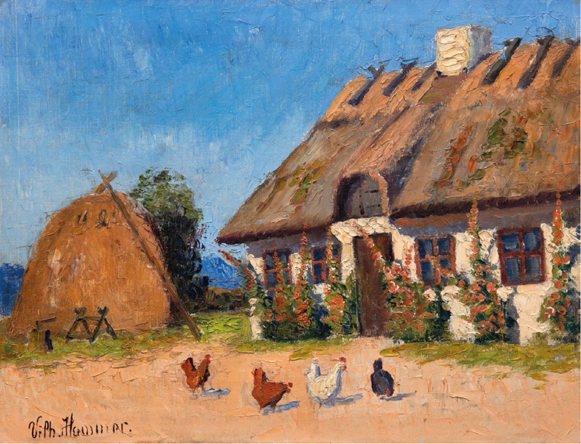 Hammer, Wilhelm "Bauernhaus mit Hühnern", Öl/ Lw., sign. u.l., 49x61 cm, Rahmen