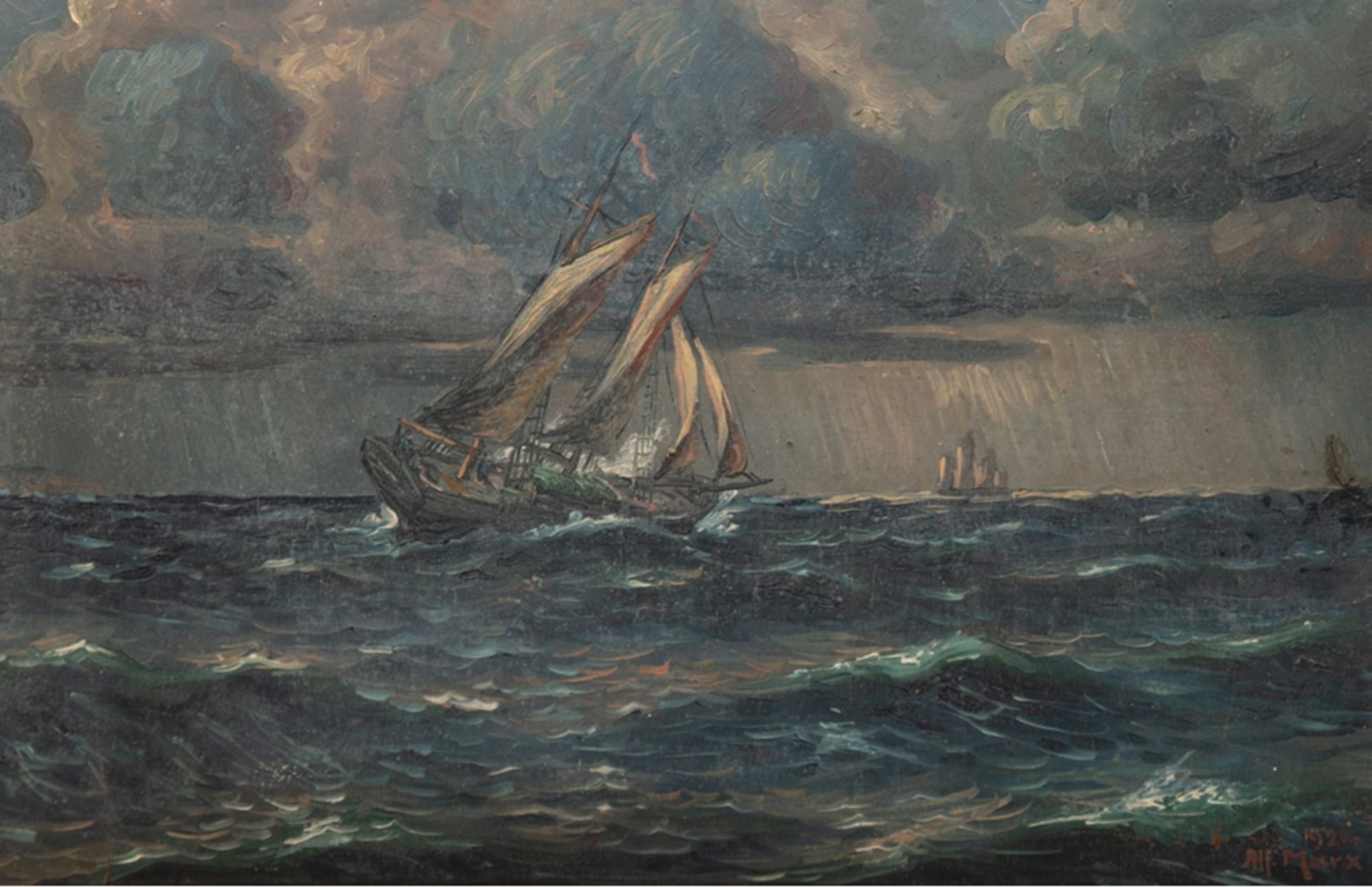 Marx, Alf. "Segelschiffe auf See", Öl/ Karton, sign. u.r. und dat. 1920, am rechten Rand besch., u.