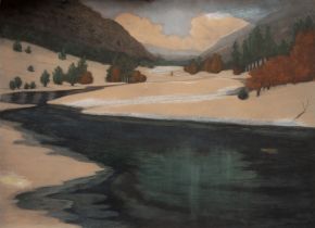 "Winterliche Flußlandschaft", Druck, o.l. bez "Copyright 1907 by Bischoff & Höfle", wasserfleckig, 