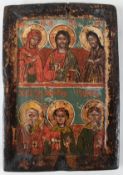 Ikone, Balkan 18. Jh., 2-teilige Darstellung, obere Reihe Deesis, darunter 3 ausgewählte Heilige, E