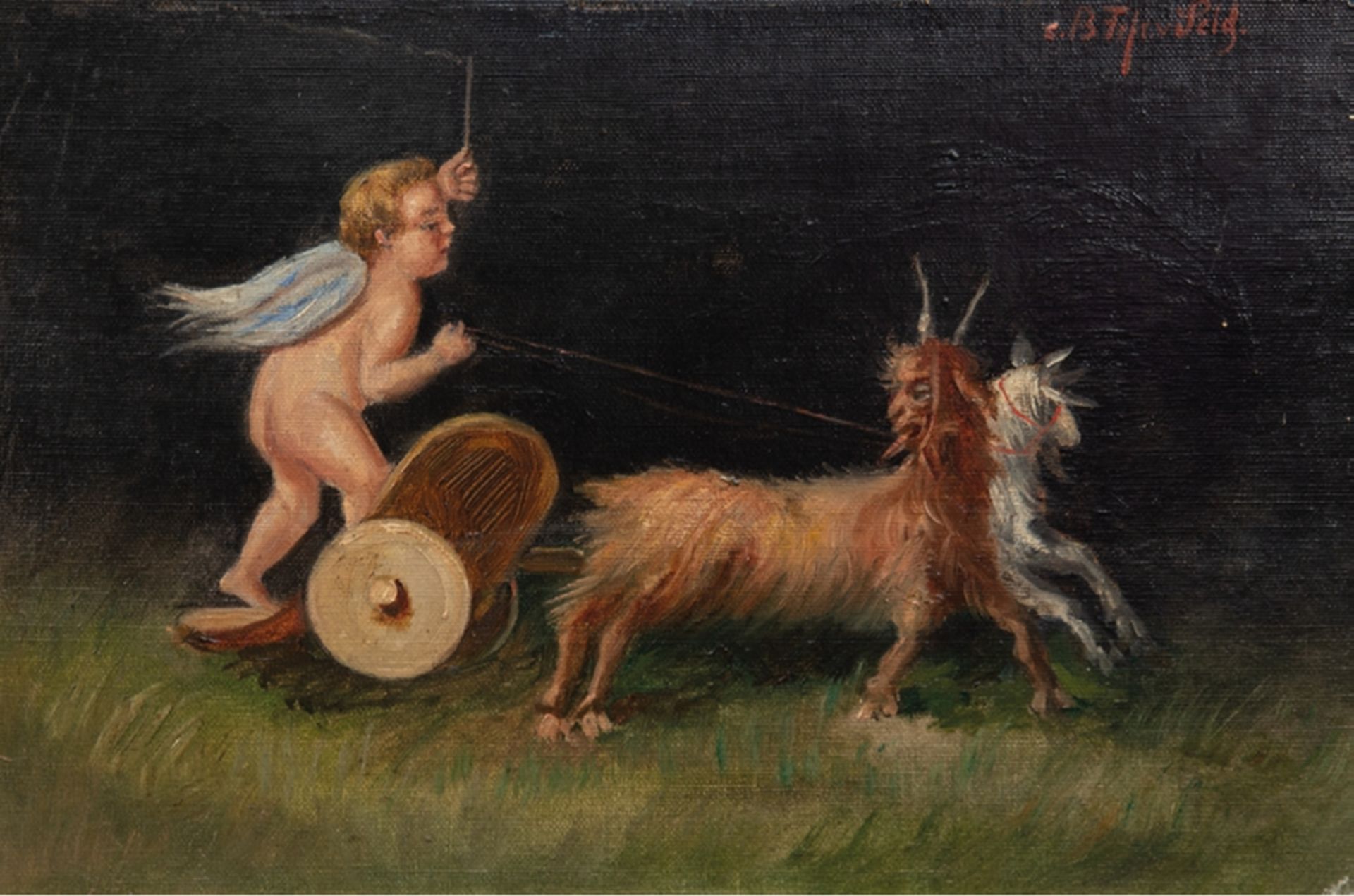 Seld, Freifrau Berta von (Deutsche Malerin um 1920) "Putto auf Streitwagen von zwei Fabelwesen gezo