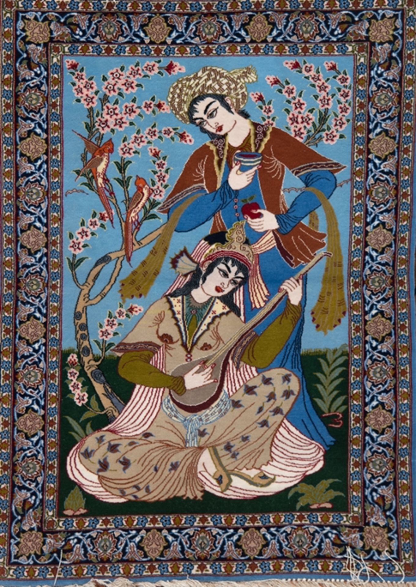Isfahan-Bildteppich, Korkwolle auf Seide, 750 000 Kn/qm., Darstellung von 2 Damen vor Blütenbaum au